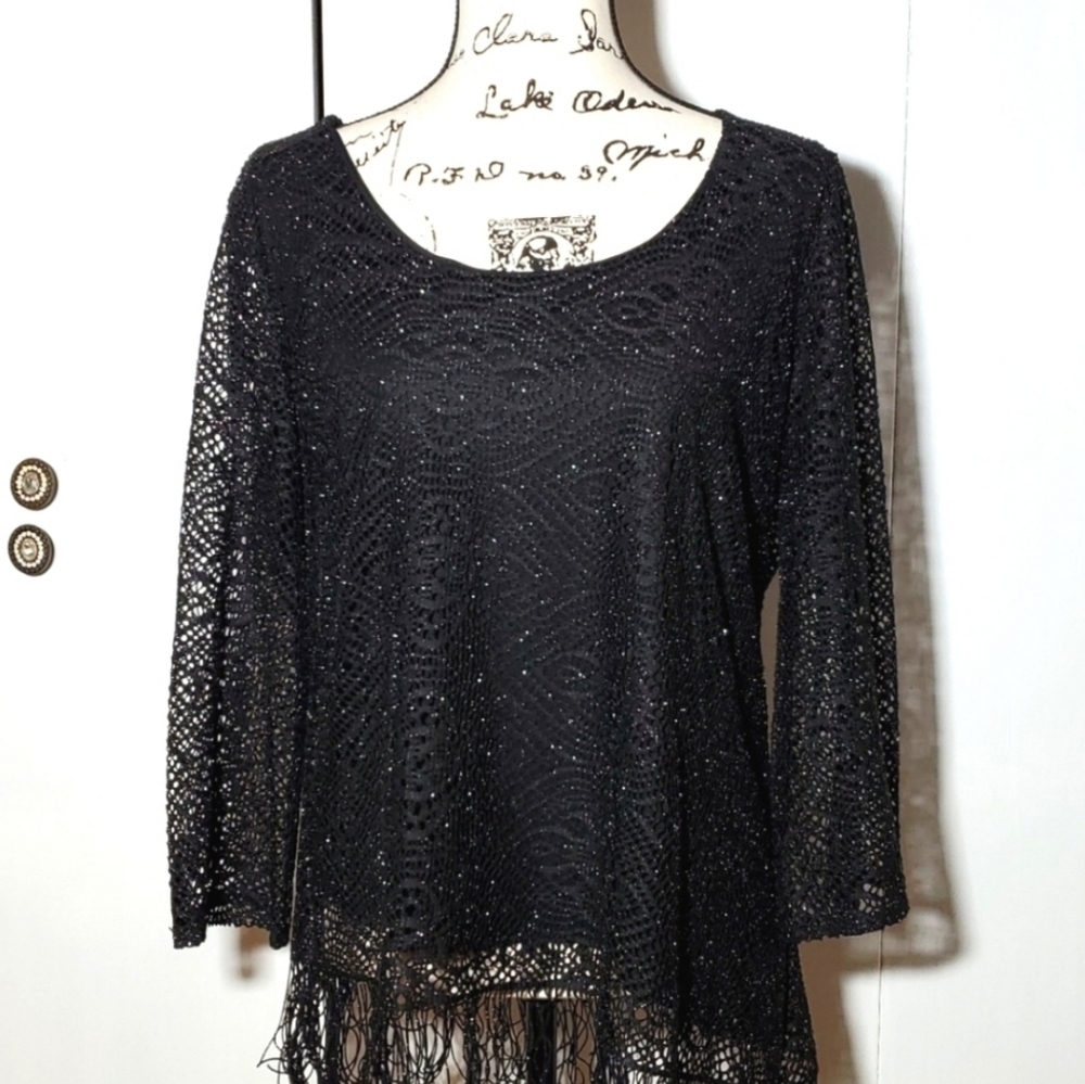 Melissa Paige|Womens Black Shimmer/Metallic Fringe Hem Lace Blouse Top Sz.XL